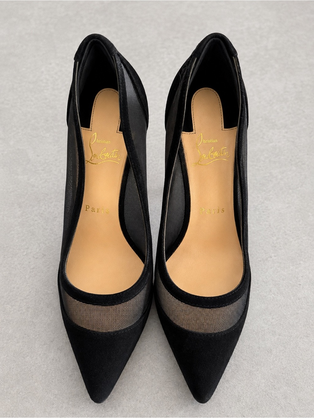 Christian Louboutin Black Mesh Pointed-Toe Suede Pumps with Transparent Panel